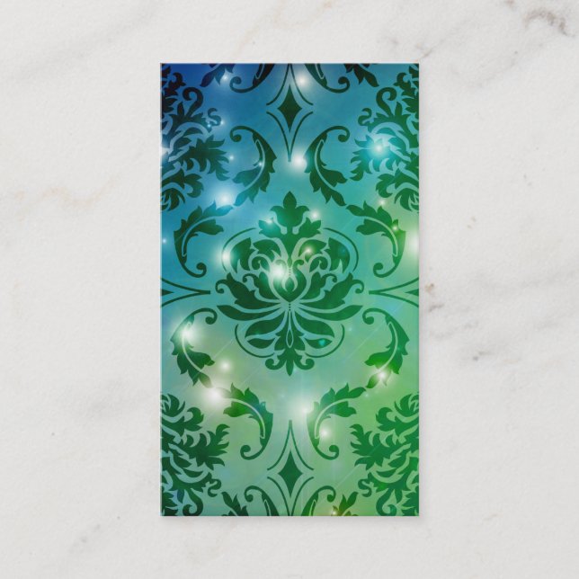 Diamond Damask, FAIRY LIGHTS in Teal & Green Business Card (Front)