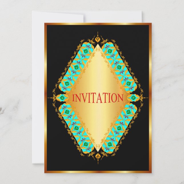 Diamond design blue and gold in black invitation (Front)