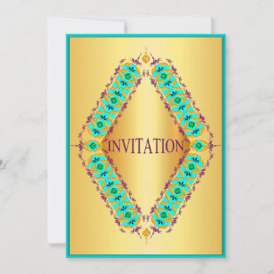 Diamond design blue and purple in gold invitation