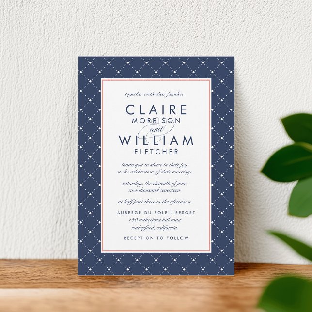 Diamond Dot Wedding Invitation | Coral and Navy (Creator Uploaded)