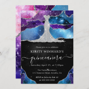 Diamond Dress and Galaxy Agate Quinceanera Invitation