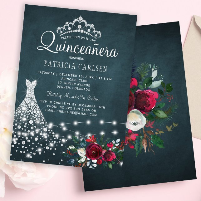 Diamond dress and tiara floral elegant quinceanera invitation (Creator Uploaded)
