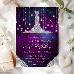 Diamond Dress & Bokeh String Lights 21st birthday Invitation