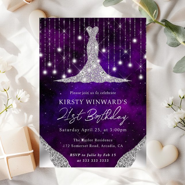 Diamond Dress & Bokeh String Lights 21st birthday Invitation (Creator Uploaded)