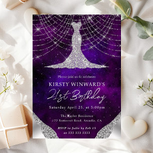 Diamond Dress & Bokeh String Lights 21st birthday Invitation