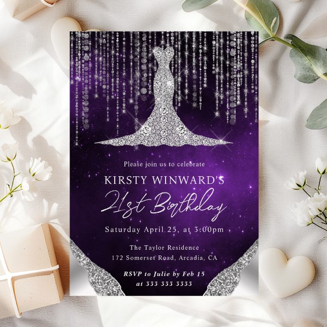 Diamond Dress & Bokeh String Lights 21st birthday Invitation (Creator Uploaded)