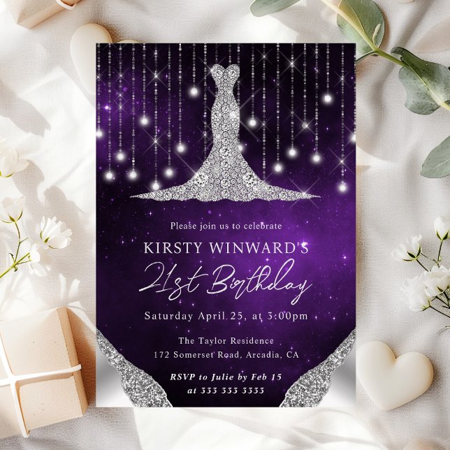 Diamond Dress & Bokeh String Lights 21st birthday Invitation (Creator Uploaded)