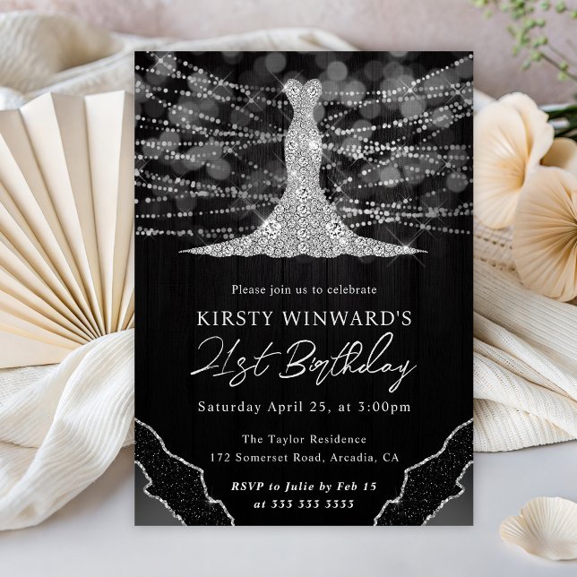Diamond Dress & Bokeh String Lights 21st Birthday Invitation (Creator Uploaded)