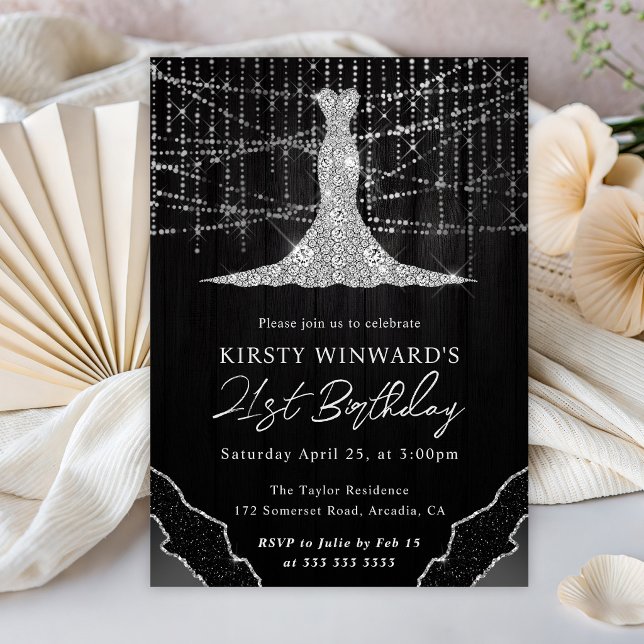Diamond Dress & Bokeh String Lights 21st Birthday Invitation (Creator Uploaded)