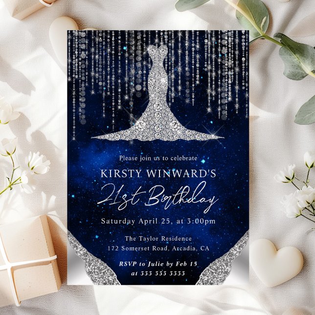 Diamond Dress & Bokeh String Lights 21st birthday Invitation (Creator Uploaded)