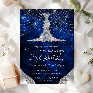 Diamond Dress & Bokeh String Lights 21st birthday Invitation