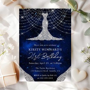 Diamond Dress & Bokeh String Lights 21st birthday Invitation