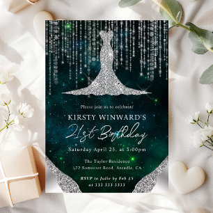 Diamond Dress & Bokeh String Lights 21st Birthday Invitation