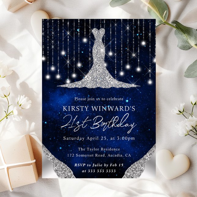 Diamond Dress & Bokeh String Lights 21st birthday Invitation (Creator Uploaded)