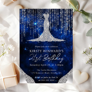 Diamond Dress & Bokeh String Lights 21st birthday Invitation