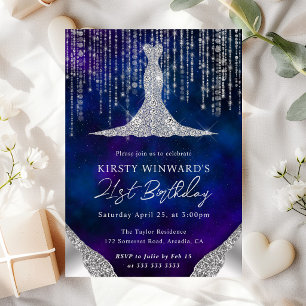 Diamond Dress & Bokeh String Lights 21st birthday Invitation