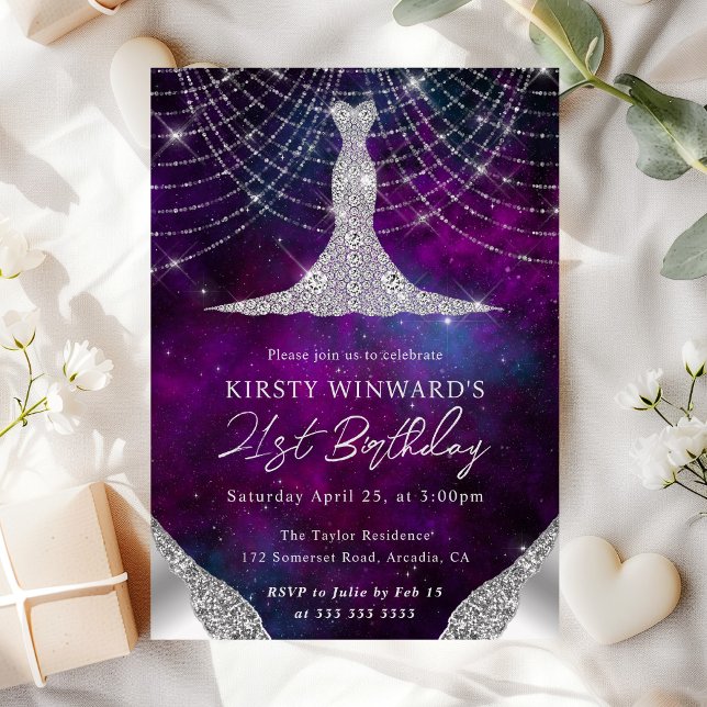 Diamond Dress & Bokeh String Lights 21st birthday Invitation (Creator Uploaded)