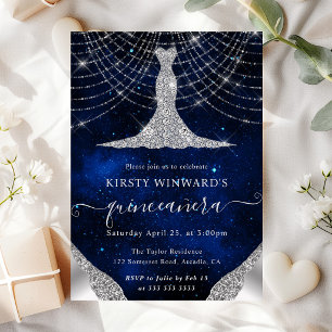 Diamond Dress & Bokeh String Lights Quinceanera Invitation