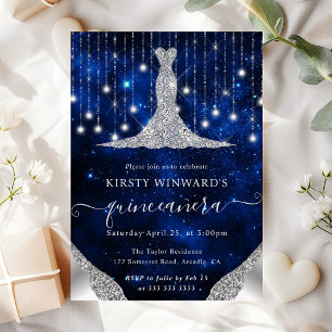 Diamond Dress & Bokeh String Lights Quinceanera Invitation