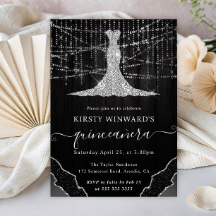 Diamond Dress & Bokeh String Lights Quinceanera Invitation