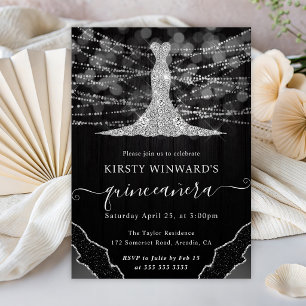 Diamond Dress & Bokeh String Lights Quinceanera Invitation