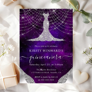 Diamond Dress & Bokeh String Lights Quinceanera Invitation