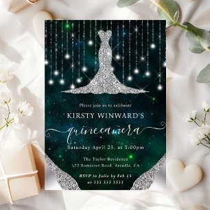 Diamond Dress & Bokeh String Lights Quinceanera Invitation