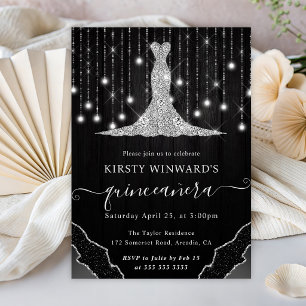 Diamond Dress & Bokeh String Lights Quinceanera Invitation