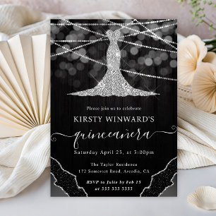 Diamond Dress & Bokeh String Lights Quinceanera Invitation