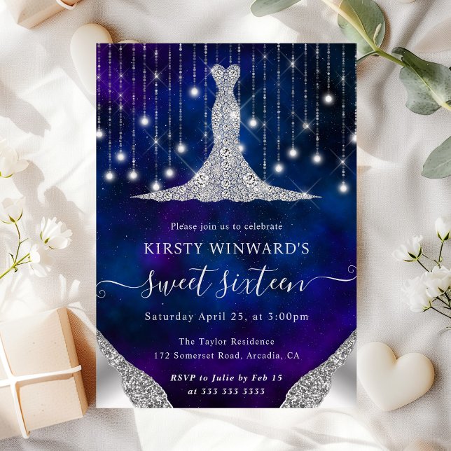 Diamond Dress & Bokeh String Lights Sweet 16 Invitation (Creator Uploaded)
