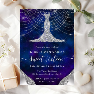 Diamond Dress & Bokeh String Lights Sweet 16 Invitation