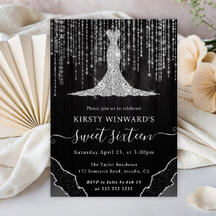 Diamond Dress & Bokeh String Lights Sweet 16 Invitation