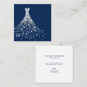 Diamond dress on navy blue wedding planner square business card