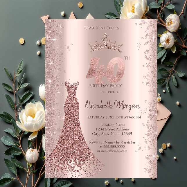Diamond Dress Rose Gold Glitter Dust 40th Birthday Invitation (Creator Uploaded)