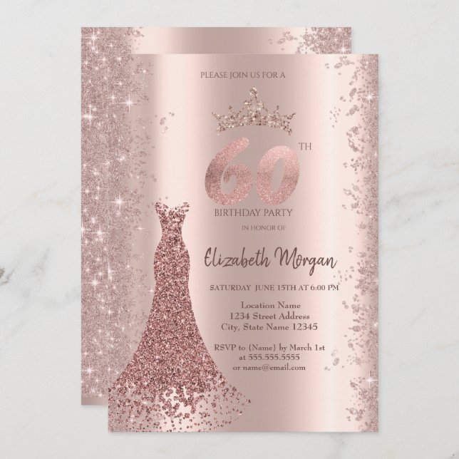 Diamond Dress Rose Gold Glitter Dust 60th Birthday Invitation (Front/Back)