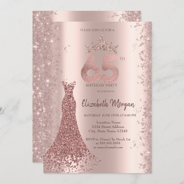 Diamond Dress Rose Gold Glitter Dust 65th Birthday Invitation (Front/Back)