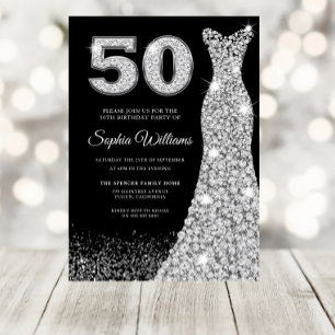Diamond Dress Womans 50th Birthday Party Black Invitation