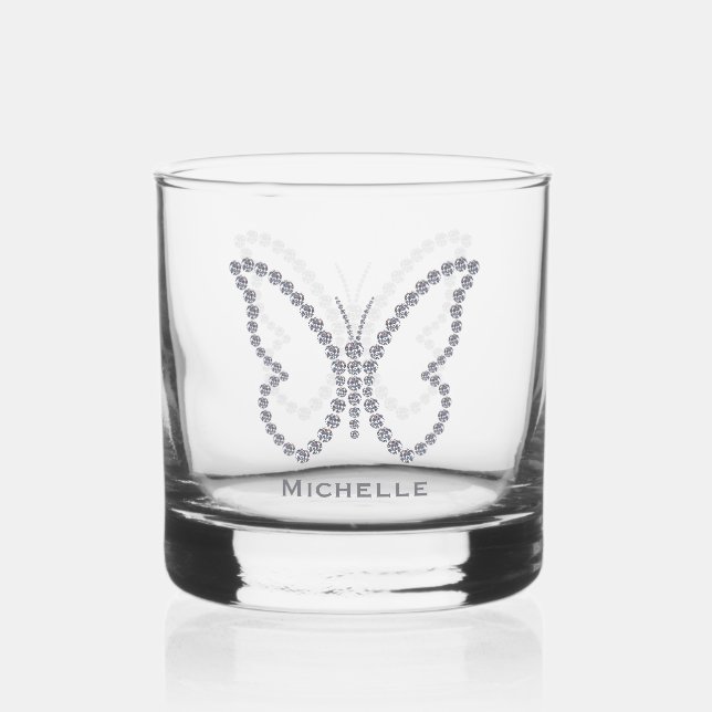 Diamond Elegant Butterfly Art Personalised Whiskey Glass (Front)