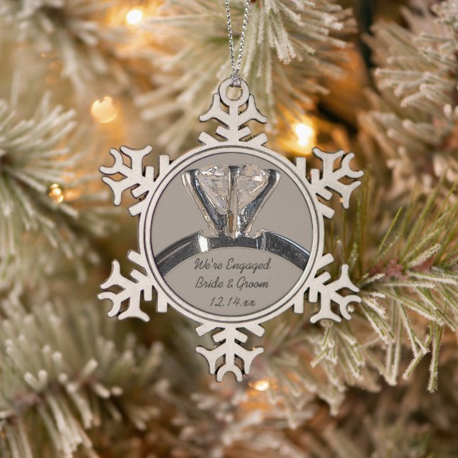 Diamond Engagement Ring on Grey Snowflake Pewter Christmas Ornament (Tree)