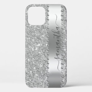 Diamond Faux  Glitter Calligraphy Name Silver iPhone 12 Pro Case