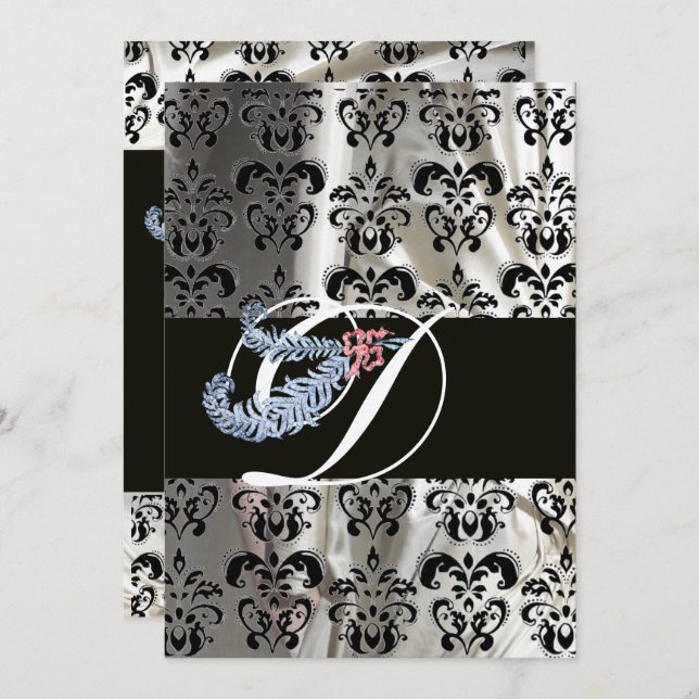 DIAMOND FEATHER SILVER BLACK SILK DAMASK MONOGRAM INVITATION (Front/Back)