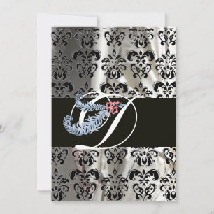 DIAMOND FEATHER WHITE BLACK SILK DAMASK MONOGRAM INVITATION
