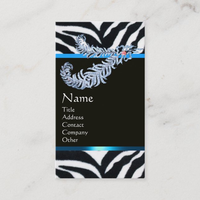DIAMOND FEATHERS BLUE BLACK WHITE ZEBRA FUR BUSINESS CARD (Front)