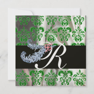 DIAMOND FEATHERS GREEN ICE SILK DAMASK MONOGRAM INVITATION