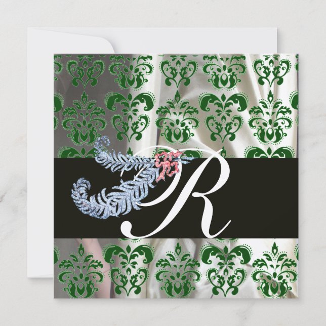 DIAMOND FEATHERS GREEN SILVER SILK DAMASK MONOGRAM INVITATION (Front)