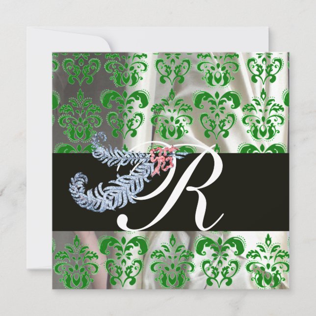 DIAMOND FEATHERS GREEN WHITE SILK DAMASK MONOGRAM INVITATION (Front)
