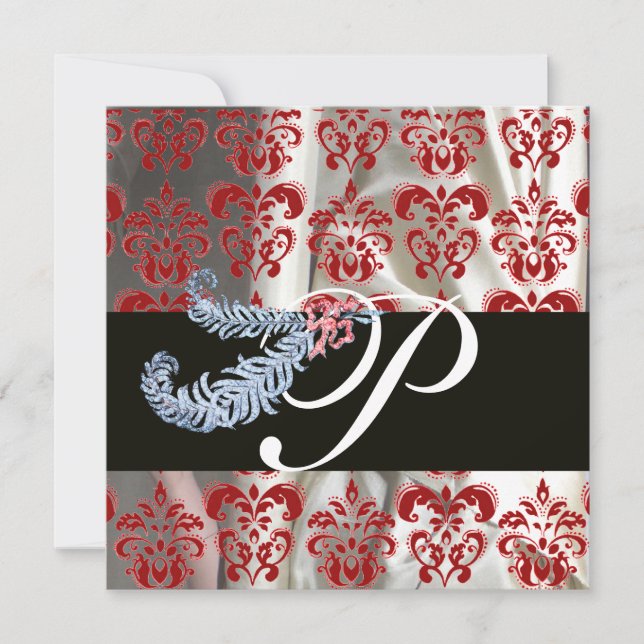 DIAMOND FEATHERS RED WHITE SILK DAMASK MONOGRAM INVITATION (Front)