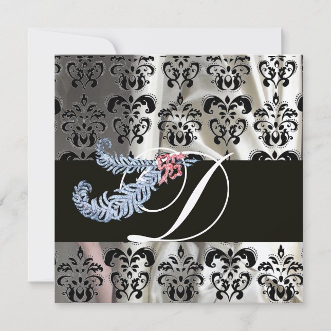 DIAMOND FEATHERS SILVER BLACK SILK DAMASK MONOGRAM INVITATION (Front)