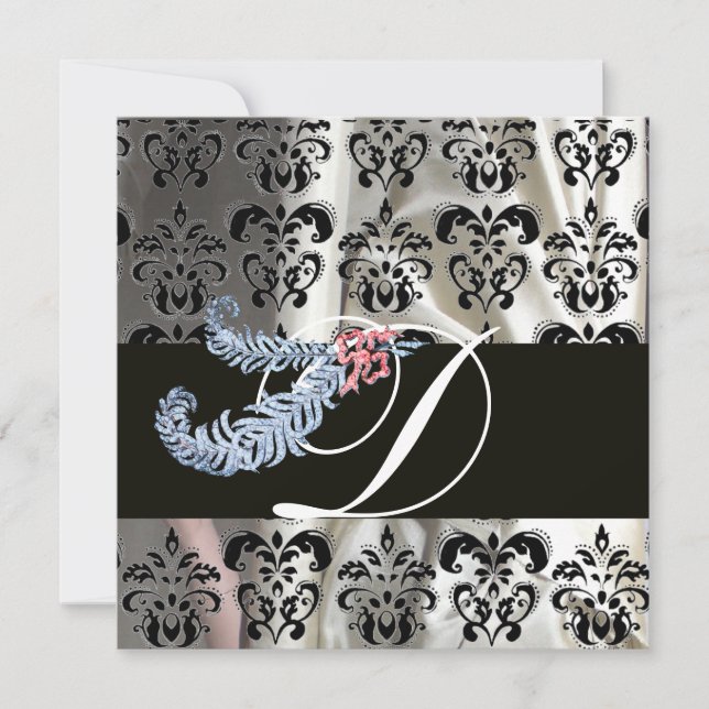 DIAMOND FEATHERS WHITE BLACK SILK DAMASK MONOGRAM INVITATION (Front)