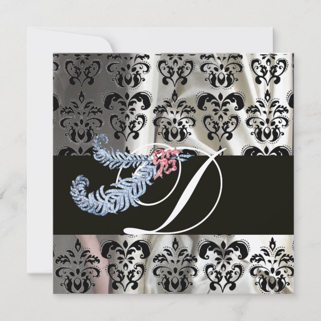 DIAMOND FEATHERS WHITE BLACK SILK DAMASK MONOGRAM INVITATION (Front)